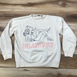 Playboy Sweatshirt Mens Medium Streetwear Embroidered Graphic Fleece Cream Ivory